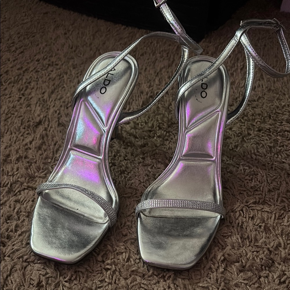 Aldo Silver Metallic Strappy Heeled Sandals